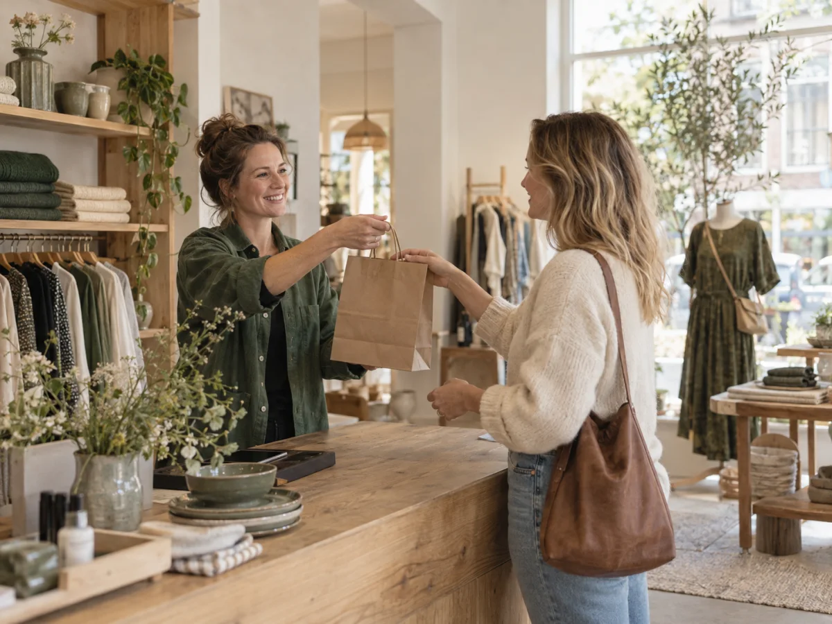 Illustrative shop scene: a business owner helps a customer
